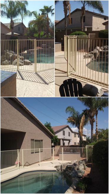 Pool fence with matching gate, beige powder coat finish, Phoenix, Arizona.