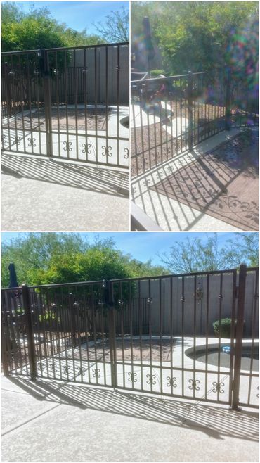 Decorative pool fence with matching gate, rust brown powder coat, Paradise Valley, Arizona