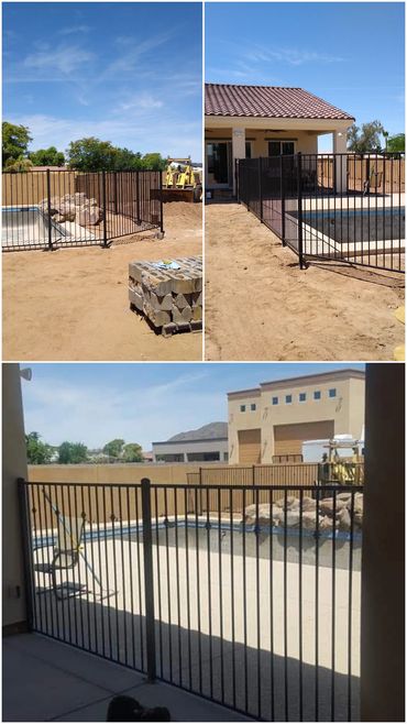 Pool fence with matching gate, black powder coat finish, Peoria, Arizona.