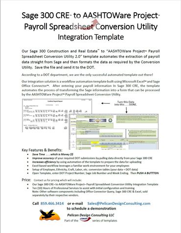 Sage 300 CRE to DOT AASHTOWare Project Spreadsheet Conversion Utility Integration Template.
Sales@Pe