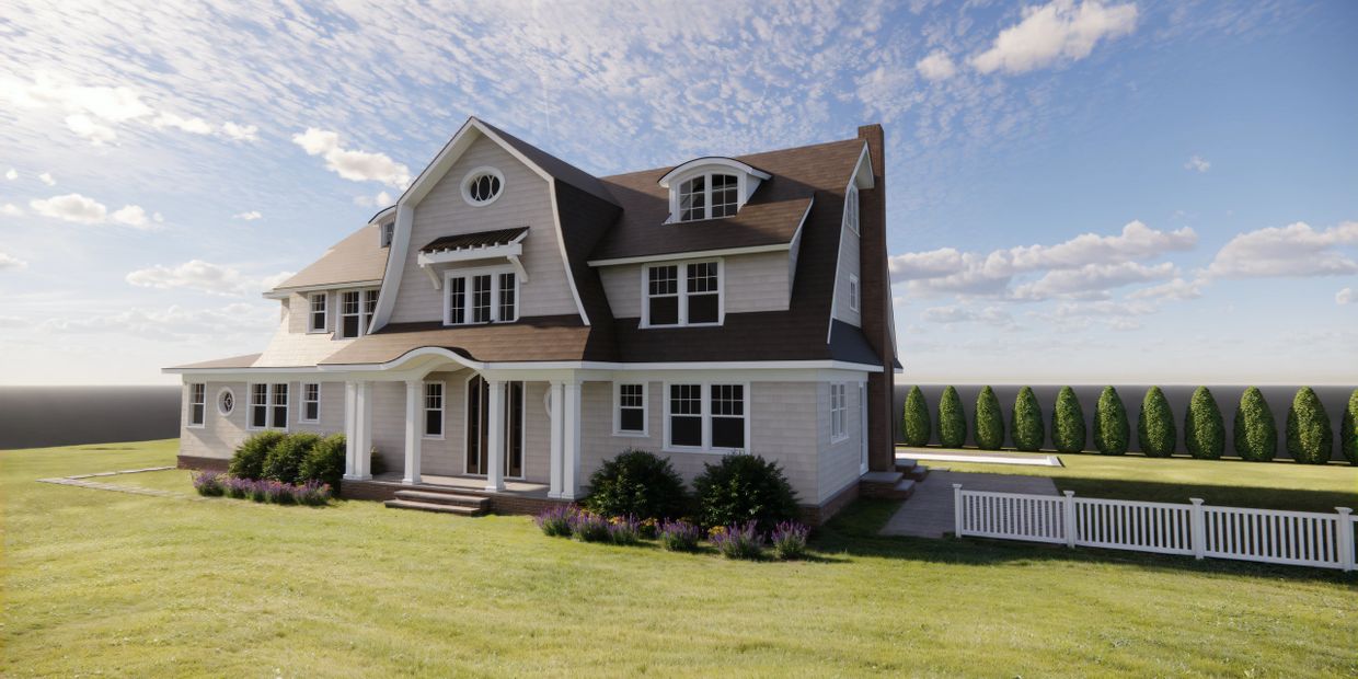 Large traditional house with brown roof and white trim under a partly cloudy sky.