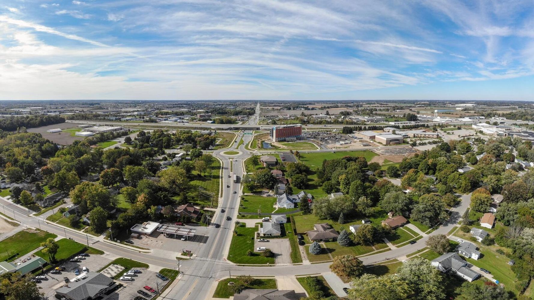 A portion of Downtown Westfield facing west towards US-31 and Riverview Hospital.