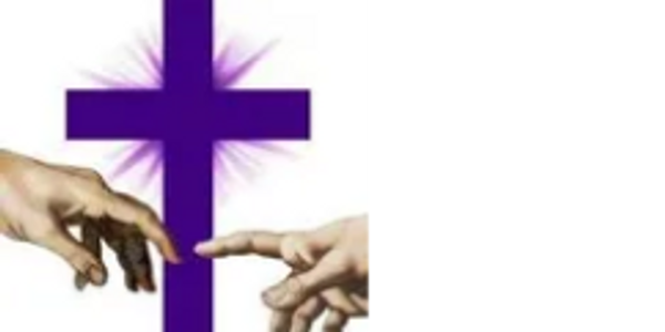 Two hands reaching toward each other with a purple cross in the background.