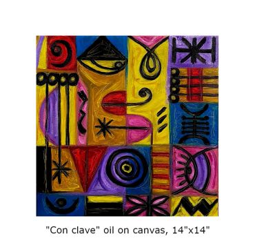 Colorful abstract oil painting with geometric shapes and bold black lines.
