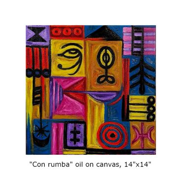 Abstract oil painting with vibrant geometric shapes and symbolic patterns in bold colors.