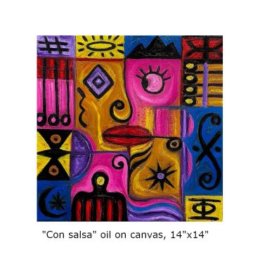 Colorful abstract oil painting with bold shapes and symbols.