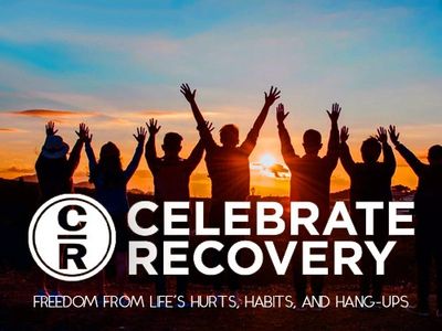 Silhouetted group raising hands at sunset with Celebrate Recovery logo and motto.