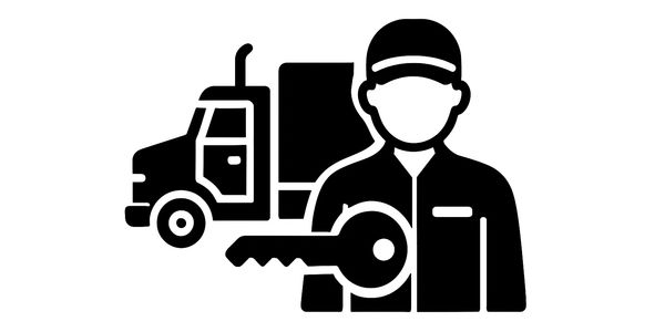 Icon of a truck driver holding a key with a truck in the background.
