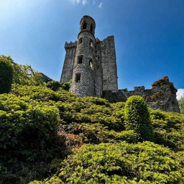 Stone castle tower on a grassy hill under blue sky.