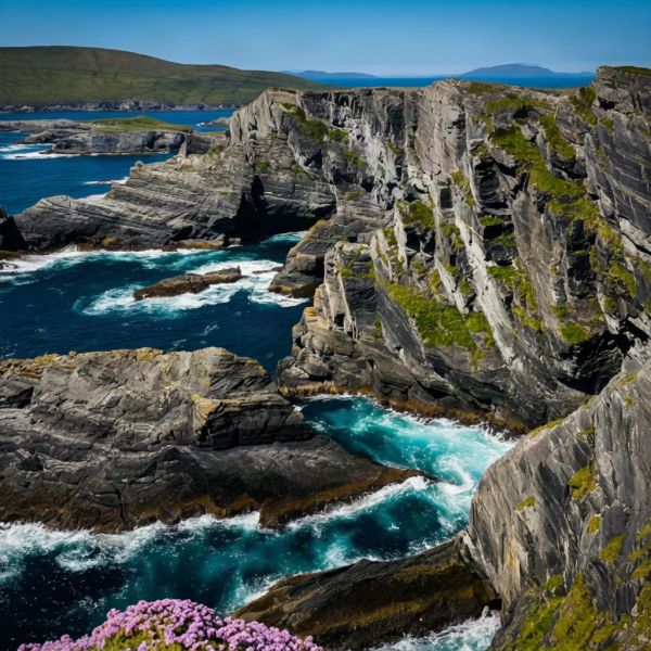 Rocky coastline with blue ocean and cliffs.
