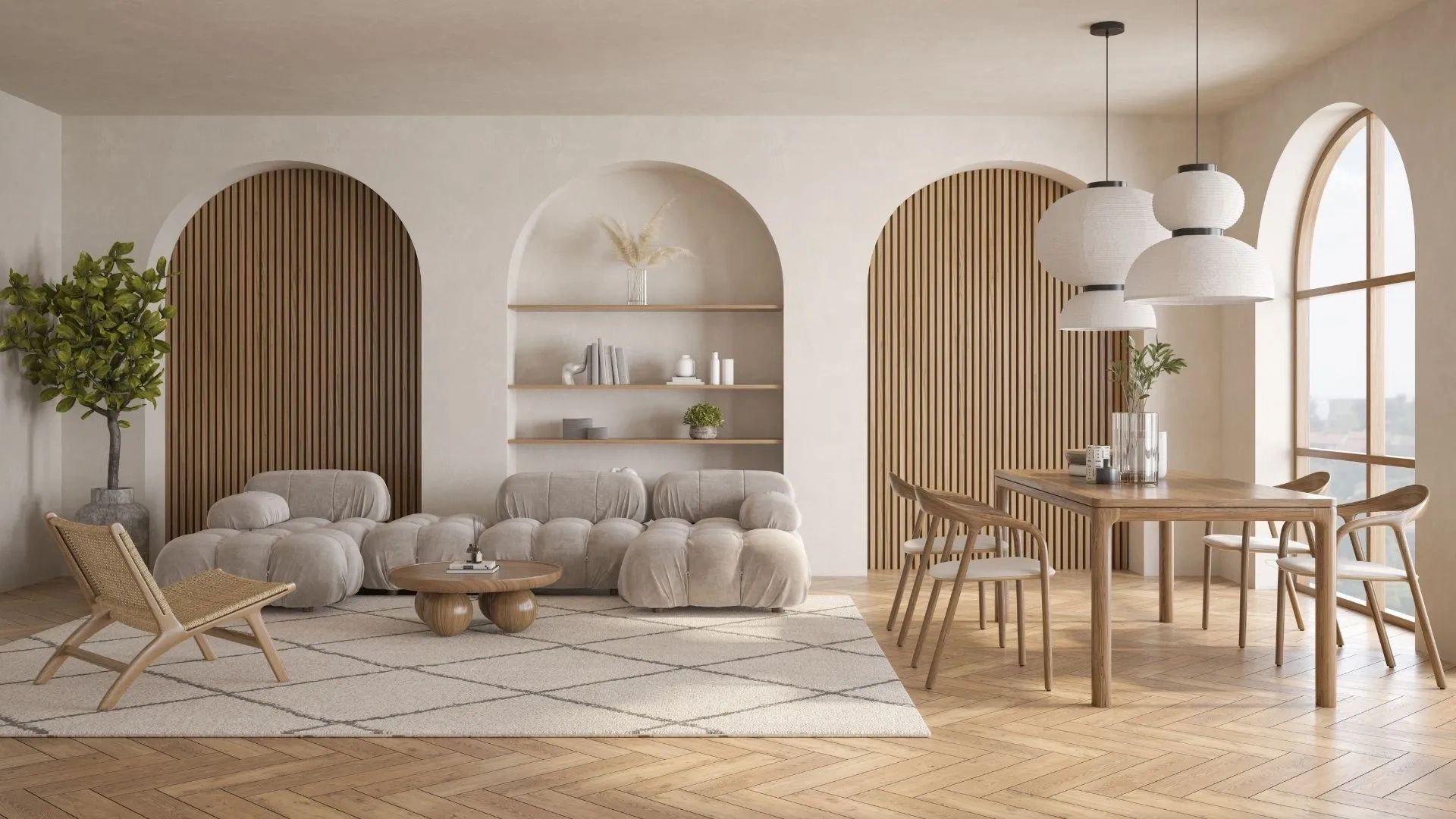 Modern beige and wooden living-dining room with arched niches and large window.