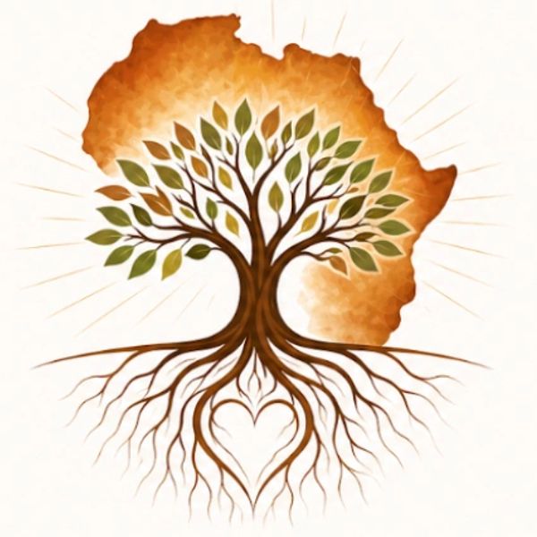 Tree with roots forming a heart inside Africa's silhouette.