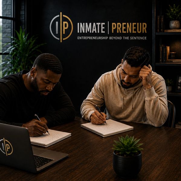 Two men writing in notebooks at a table under 'Inmate Preneur' sign.