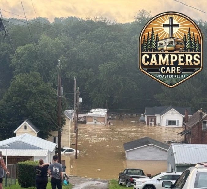 Flooded neighborhood with people observing and a disaster relief logo.