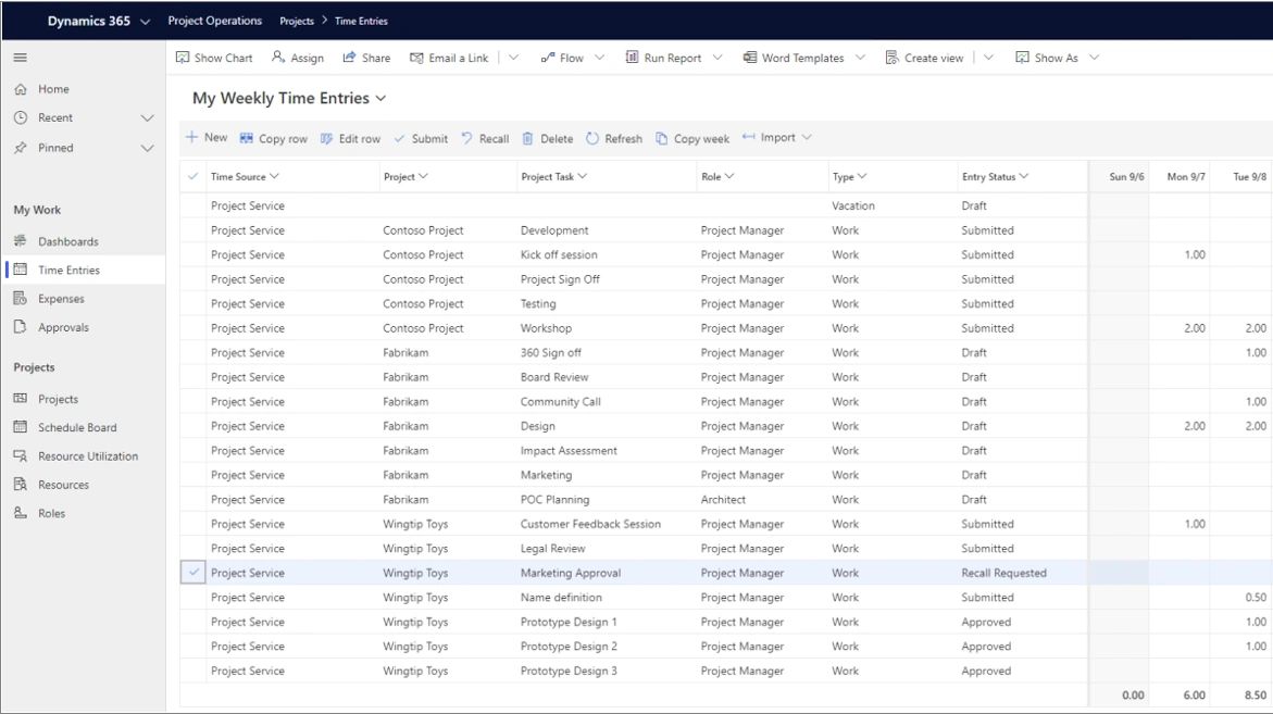 Dynamics 365 Project Operations time entries