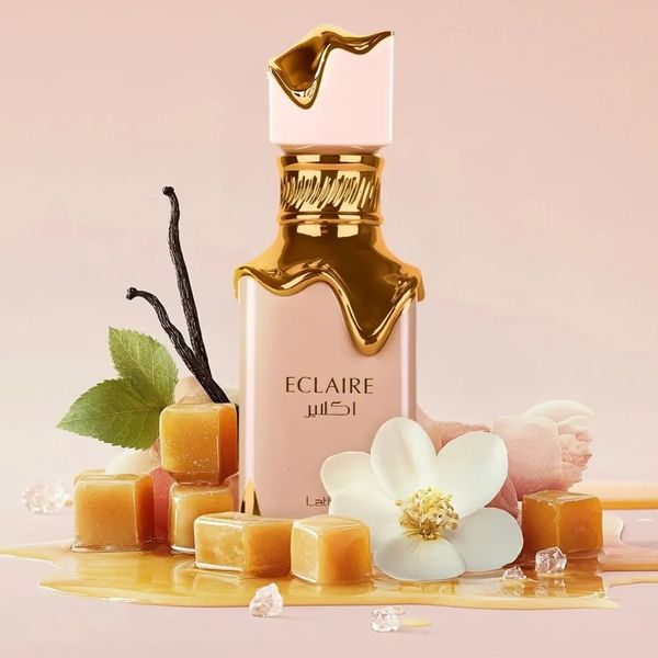 Elegant perfume bottle with caramel, vanilla, and floral accents.