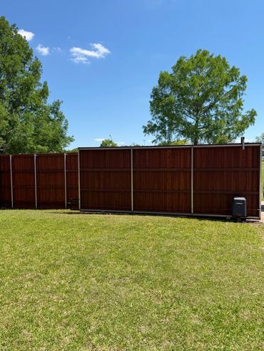 A sunny day in a yard with a wooden fence and a trash bin.