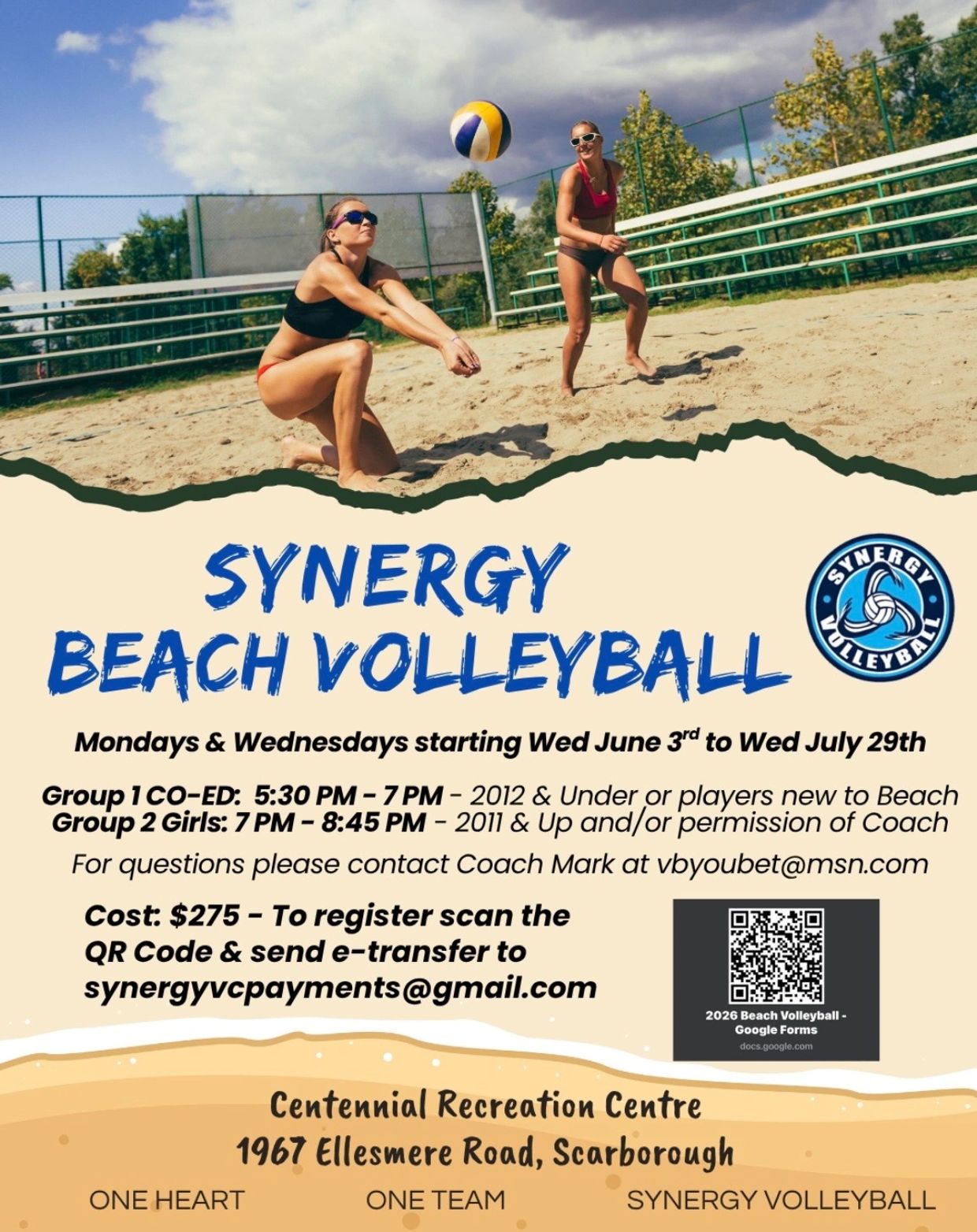 Two women playing beach volleyball on a sunny day, promoting Synergy Beach Volleyball.