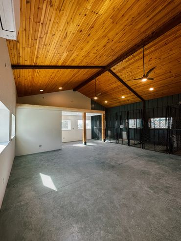 Barn with wood ceiling, exposed beams, and dog kennels with metal fencing for indoor outdoor use.