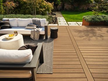TimberTech Advanced PVC decking in Coconut Husk color installed on a modern outdoor patio in Austin,