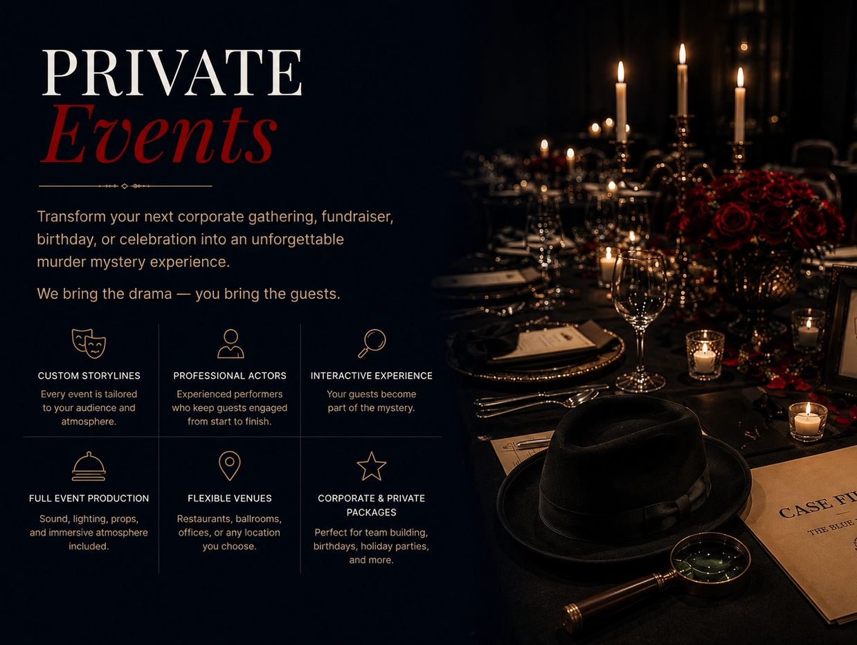 Elegant private event setup with candles, roses, and mystery-themed decor.
