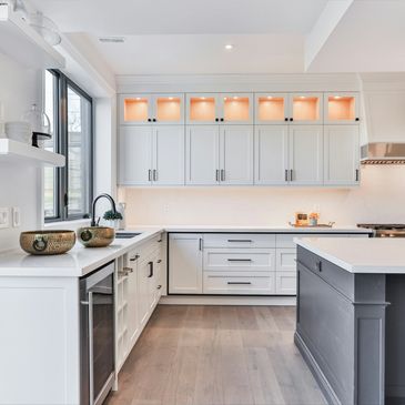 Foggy morning view of modern skyscrapers towering into the sky.