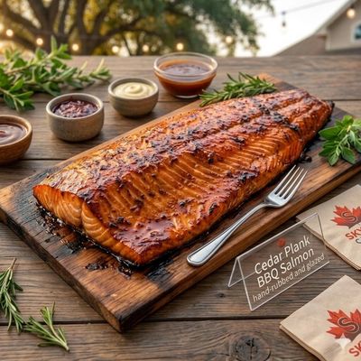 Glazed cedar plank BBQ salmon served with sauces on a wooden board.