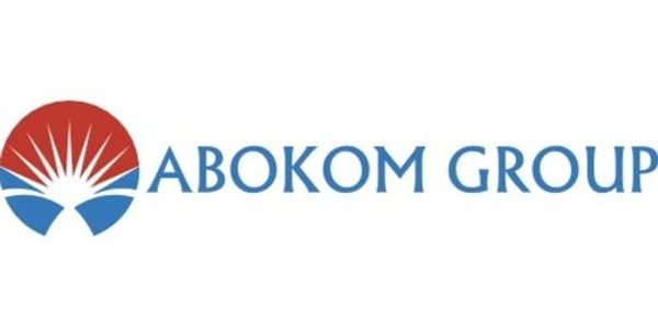 Logo of Abokom Group with sun and wave design.