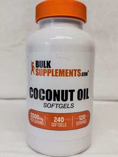 Bottle of BulkSupplements coconut oil softgels with 240 softgels.