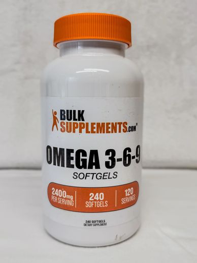 Bottle of BulkSupplements Omega 3-6-9 softgels with 240 softgels inside.