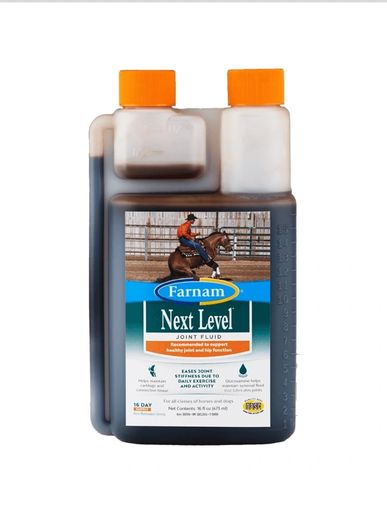 Farnam Next Level Joint Fluid supplement for horses with orange caps.
