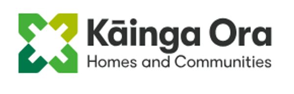 Logo of Kāinga Ora Homes and Communities with green geometric design.