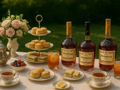 Elegant afternoon tea setup with Hennessy bottles and scones.