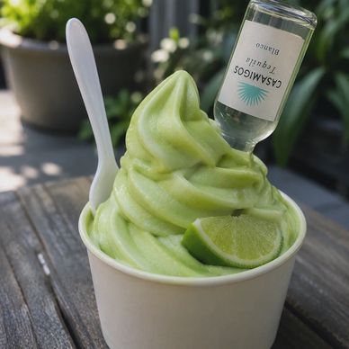 Green frozen dessert with lime and upside-down Casamigos bottle.