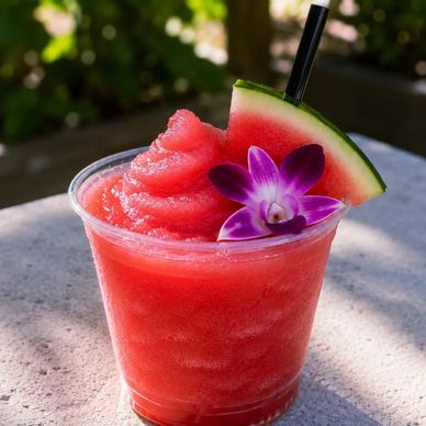 Watermelon slush with a flower and watermelon slice garnish.