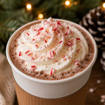 Hot chocolate topped with whipped cream and crushed peppermint.