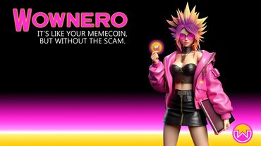 Wownero Chan character holding a Wownero coin.