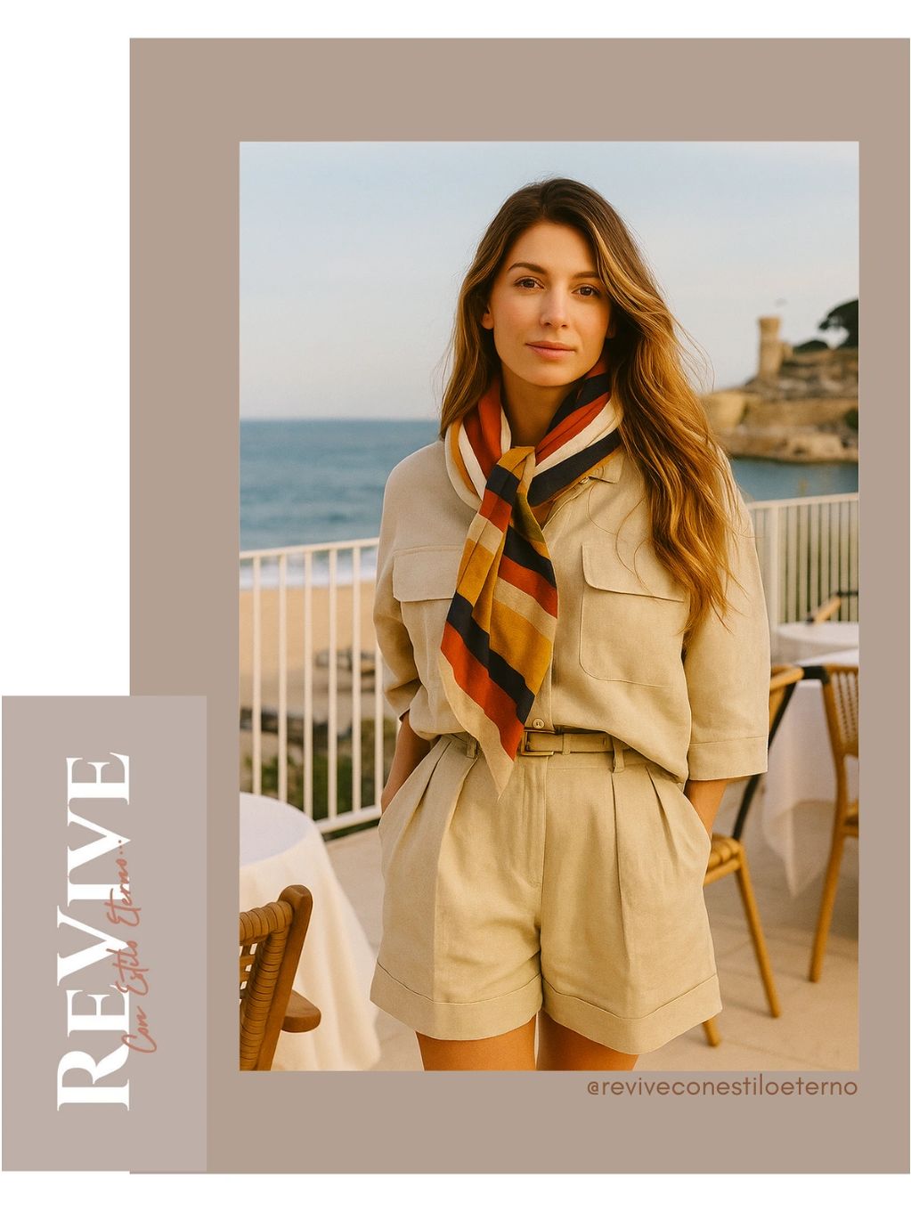 Mujer joven usando camisa y short color arena con pañuelo multicolor, posando en terraza frente al m