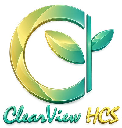A shiny green and yellow logo with leaves and text ClearView HCS.