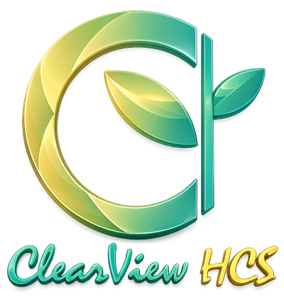 A shiny green and yellow logo with leaves and text ClearView HCS.