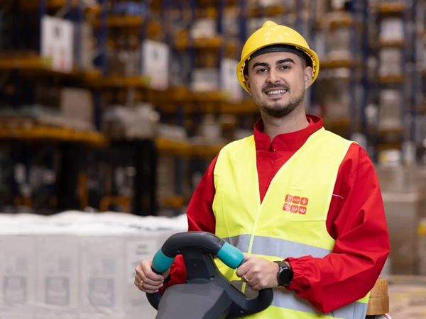 Warehouse worker in safety gear operating equipment with a smile.