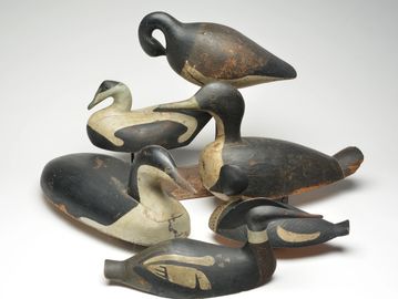 collection antique hand carved wood duck decoys 
duck and goose calls
vintage fish decoy
shorebirds