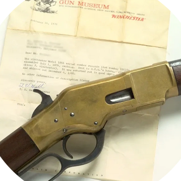 Winchester 1866 carbine w/ research letter and provenance to Oliver F. Winchester. Sold at auction. 