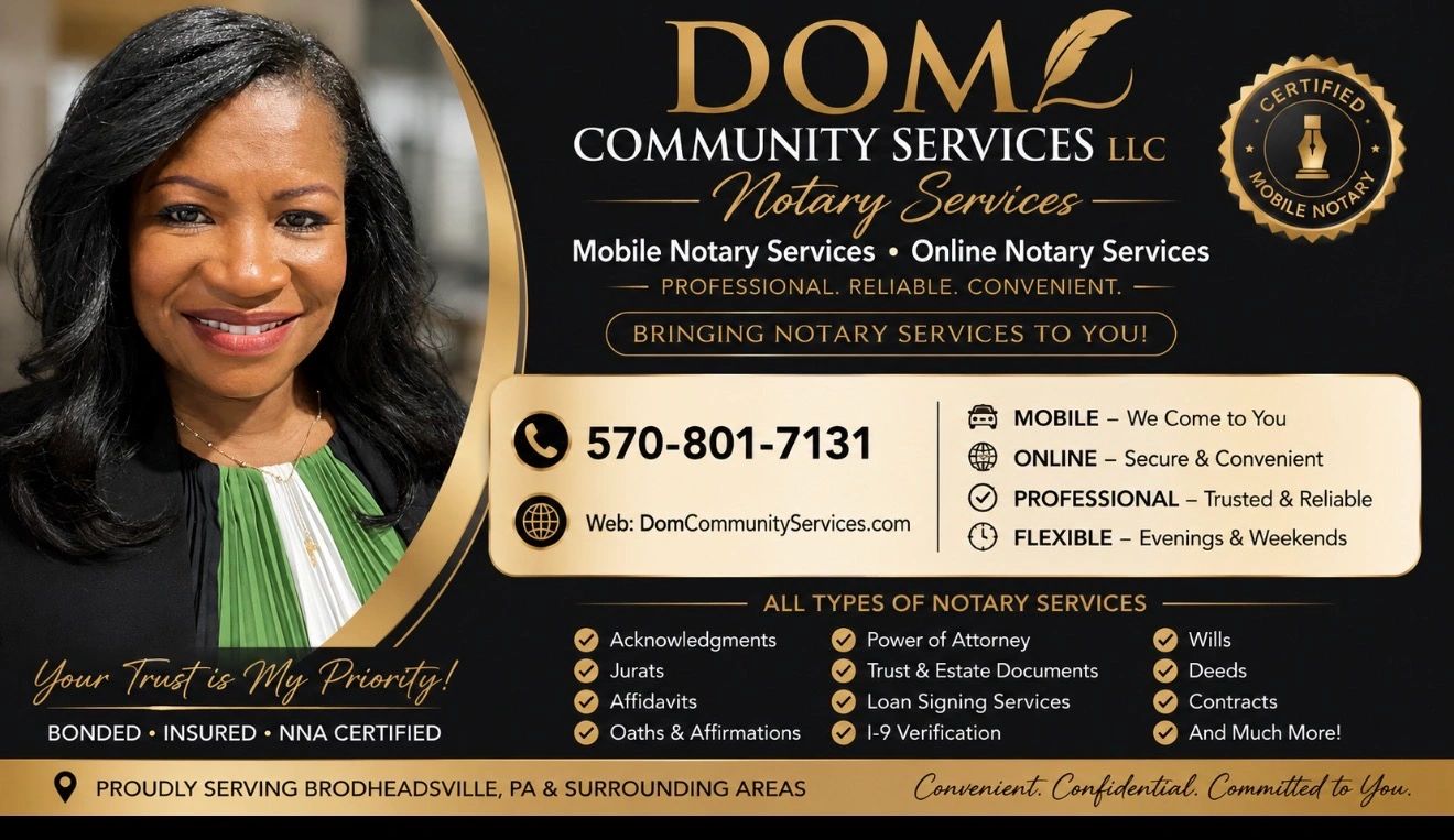 Professional mobile and online notary services with flexible scheduling in Brodheadsville, PA.