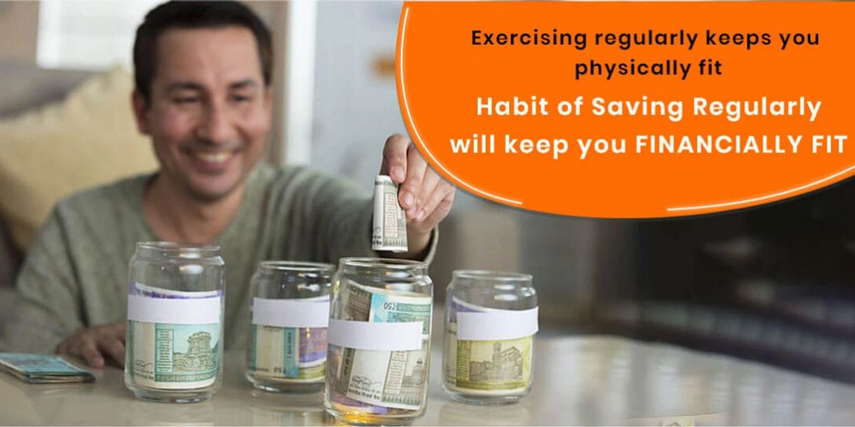 Man saving money in jars with a message about exercising and saving regularly.