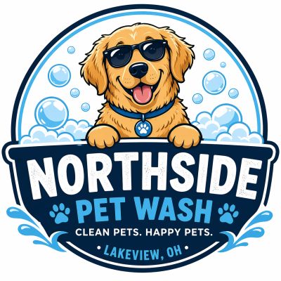 Logo of Northside Pet Wash featuring a cool dog with sunglasses in bubbles.