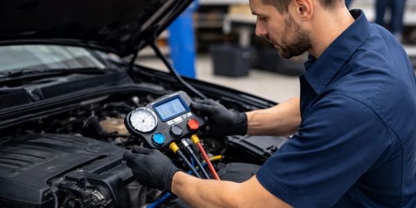 Mechanic checking car engine with diagnostic gauges.
