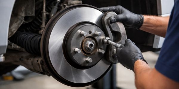 Mechanic installing a brake caliper on a car's disc brake system.