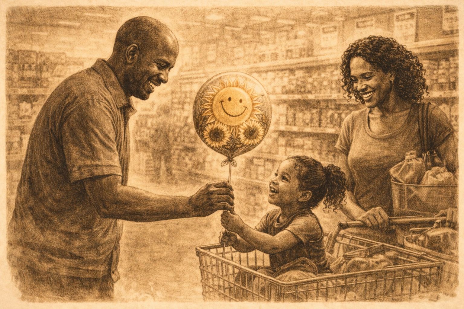 A father gives his daughter a smiley balloon while shopping with her mother.