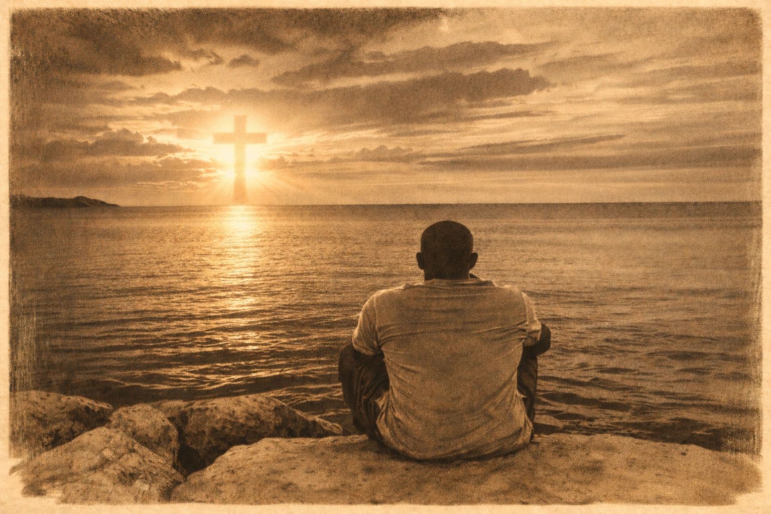 Man sitting by the sea with a glowing cross in the sunset.